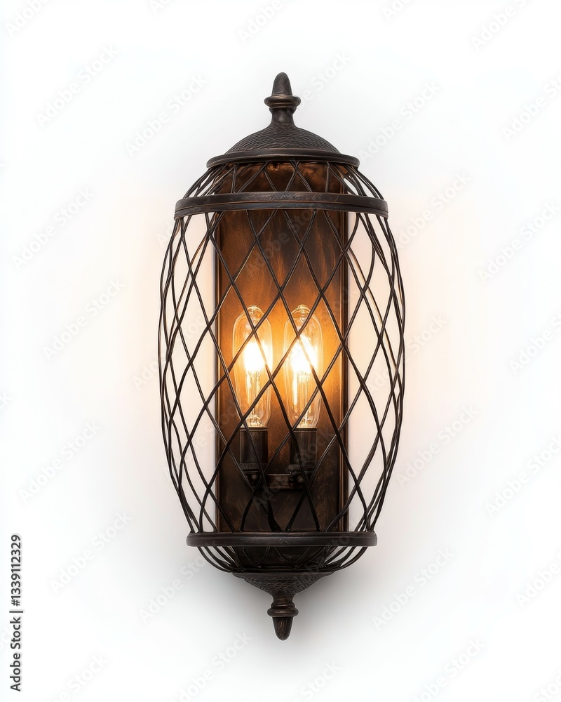 Naklejka premium A metal wall lamp with three bulbs, casting warm light inside the iron cage over a white background. The entire body is made of black bronze material and has an ancient European-style pattern on it.