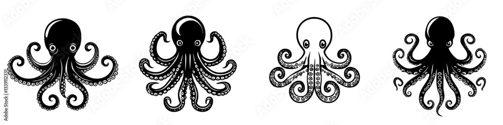 Various artistic representations of octopuses with unique designs and styles showcased in a creative layout Various artistic representations of octopuses with unique designs and styles showcased in a creative layout