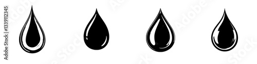 Various styles of black water droplets showcasing different shapes and designs on a white background