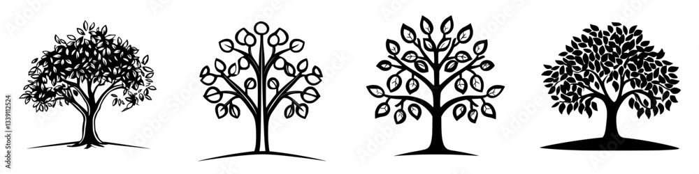 Various stylized tree designs showcasing different leaf shapes and styles in a minimalist black and white format Various stylized tree designs showcasing different leaf shapes and styles in a minimalist black and white format