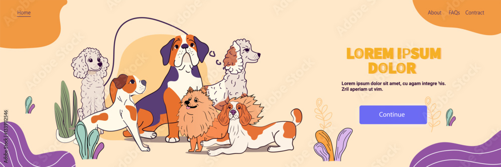 Fototapeta premium Dogs group togetherness colorful design features various dog breeds sitting on a stylized background with abstract shapes and plants. Website banner template