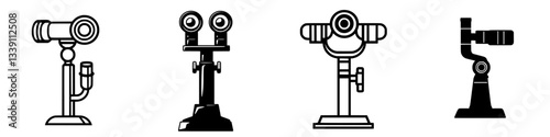 Different styles of binoculars and observation instruments in black silhouette against a light background