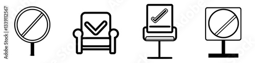 Different types of signage indicating prohibited and permitted seating options in a public space