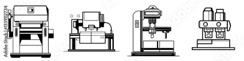 Various types of industrial machines arranged in a row showcasing advanced technology for manufacturing