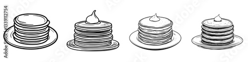 Different stacks of pancakes with syrup served on plates at breakfast time in a cozy kitchen setting