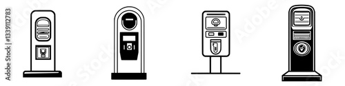 Different types of public payment machines designed for various services in urban settings for convenience