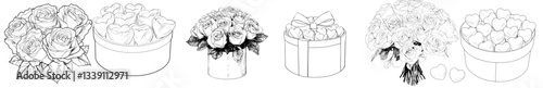 A hand drawn black and white sketch featuring a vintage modern arrangement consisting of a rose bouquet, heart shaped chocolates, and a candy box