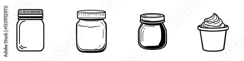 Jars and cups filled with various ingredients in a simple layout showcasing different textures and designs