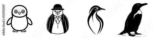 Unique collection of bird illustrations featuring an owl, a dapper bird, a penguin, and another penguin design