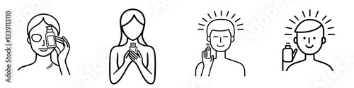 People showcasing personal care products in a minimalistic style with simple line drawings