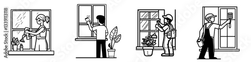 Cleaning and maintaining windows with various techniques in a domestic setting on a sunny day