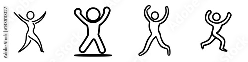 Joyful stick figures celebrating with arms raised in various poses outdoors in a cheerful setting