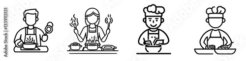 Chefs engaged in various cooking activities in a bright kitchen environment during a culinary class or demonstration
