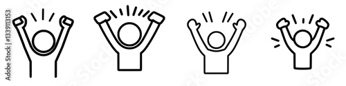 Excited figures celebrating victory with hands raised in cheer during an uplifting event