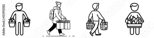 Symbolic representation of people carrying groceries in different manners while shopping outdoors in a modern urban setting