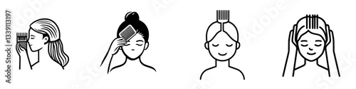 Illustration of diverse women styling their hair with combs in various poses and expressions on a plain background