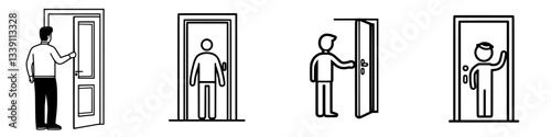 Different stages of a person interacting with a door in a minimalistic design, showcasing various actions in a sequential manner