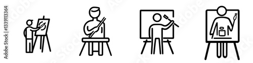 Artists engaged in creative activities at various easels in a spacious art studio during daylight hours