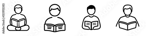 Various illustrations of individuals reading books in different postures and styles featuring diverse levels of engagement