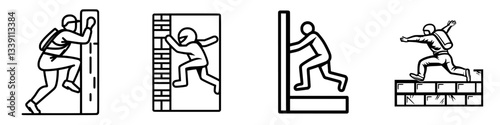 Dynamic silhouettes of a person climbing and jumping over walls in an urban setting during daylight hours