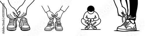 Various methods of tying shoelaces demonstrated by different individuals in a minimalistic style