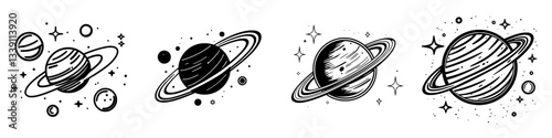 Creative illustrations of various planets with rings and surrounding celestial details in black and white design