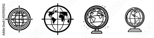 Different styles of globes represented in black and white illustrating geographic features and locations