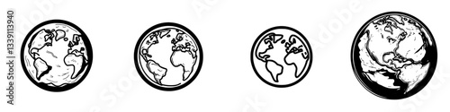 Four illustrations depicting different styles of Earth globes showcasing continents and oceans in varying degrees of detail and artistic design