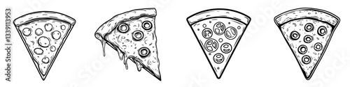 Different styles of pizza slices illustrated in black and white showing various toppings and textures for a culinary design concept