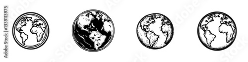 Unique artistic renderings of Earth showcasing diverse perspectives and styles using black ink on white background