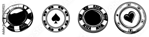 Different designs of gambling chips showcasing card suits in a stylized arrangement on a flat surface