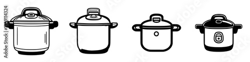Various types of cooking pots displayed in a minimalist style, showcasing different shapes and sizes for diverse culinary needs
