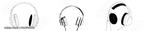 A hand drawn ink sketch of headphones is rendered in an engraved style, characteristic of modern illustration