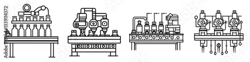 Production line showing various industrial machines and equipment for processing liquids in a factory setting