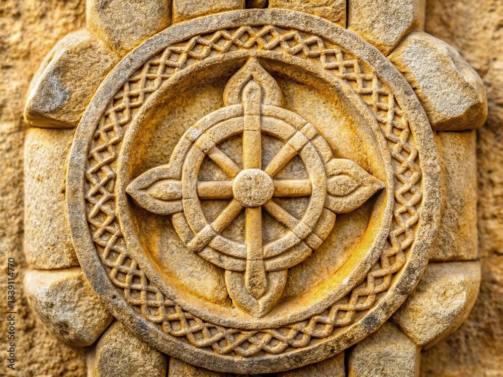 Fototapeta premium Ancient Stone Carving: Religious Symbol Detail with Copy Space