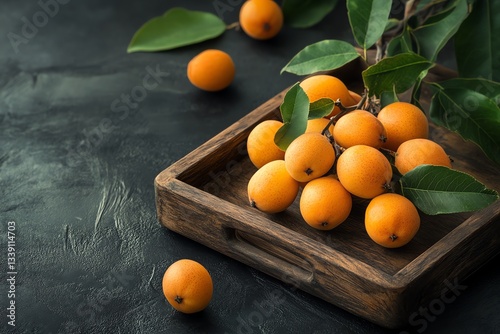 loquat on wooden tray and inset dark background ai generation