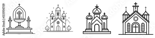 Various styles of church architecture with distinct cupolas and crosses in simple line art format