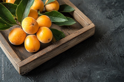 Wallpaper Mural loquat on wooden tray and inset dark background ai generation Torontodigital.ca