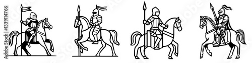 Various illustrations of armored knights on horseback displaying different stances and poses
