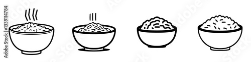 Various bowls of steaming rice showcasing different styles and presentations in a simple layout