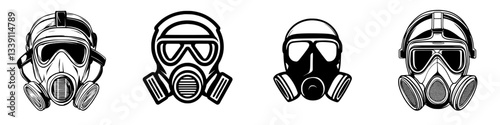 Different styles of gas masks displayed in a minimalist design environment showcasing protection and safety in various contexts