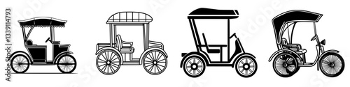 Collection of vintage cycle rickshaws showcasing unique designs and styles from various eras and regions
