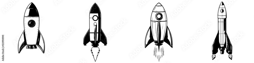 Different designs of rockets showcase creativity and technological innovation in a minimalist style Different designs of rockets showcase creativity and technological innovation in a minimalist style