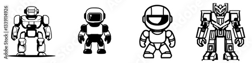 Various robot designs showcasing creativity and innovation in a minimalist black and white style