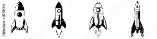 Different designs of rockets showcase creativity and technological innovation in a minimalist style