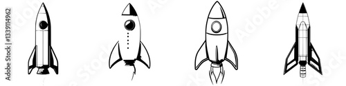 Various rocket designs illustrated with different shapes and details showcasing creativity in space exploration concepts