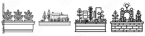 Garden planters showcasing diverse plants in a modern urban setting during daylight hours