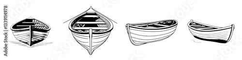 Different styles of traditional wooden boats in various designs and perspectives showcasing craftsmanship on water