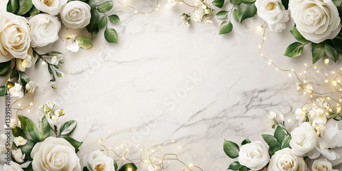 Marmo bianco e fiori. Lapide. Spazio per testo. 
