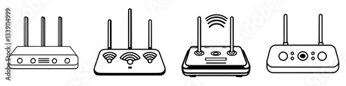 Different types of internet routers and their wireless signal indicators displayed in a minimalist style